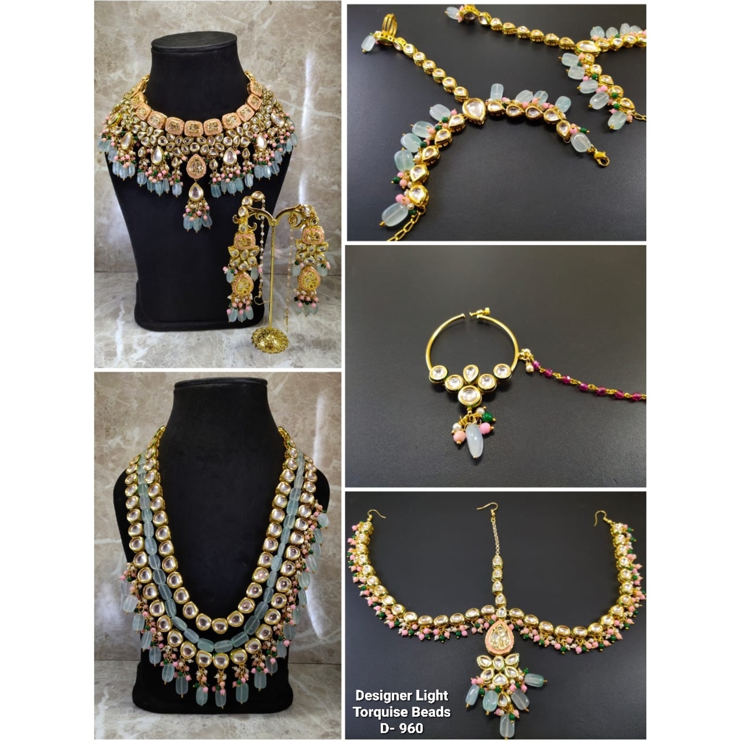 High Quality Kundan Polki Full Bridal Set with Sky Blue Onyx Stones