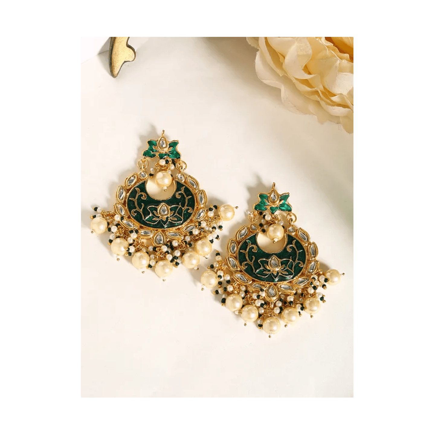 Green Gold Tone Kundan Enameled Earring With Pearls