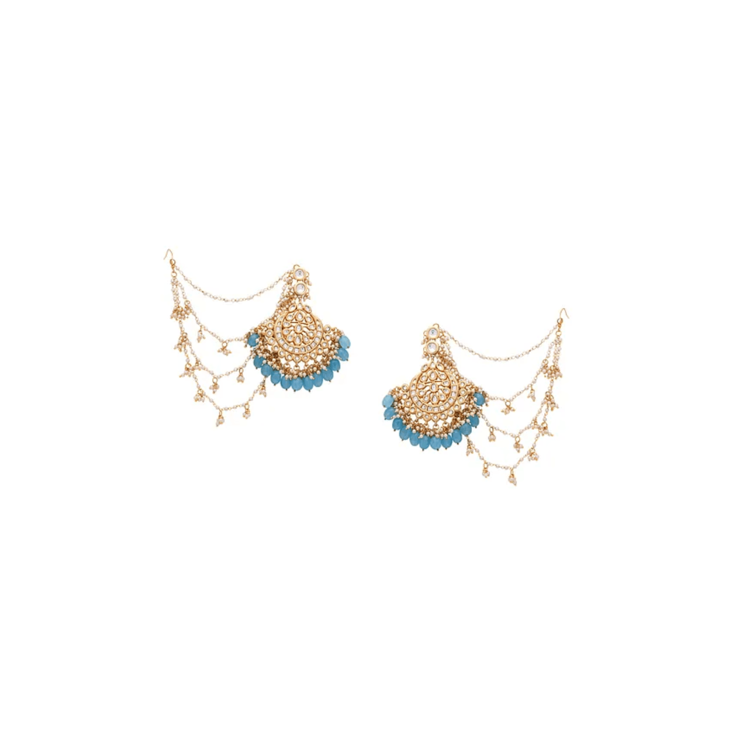 Turquoise Gold Tone Kundan Earring With Ear Chains