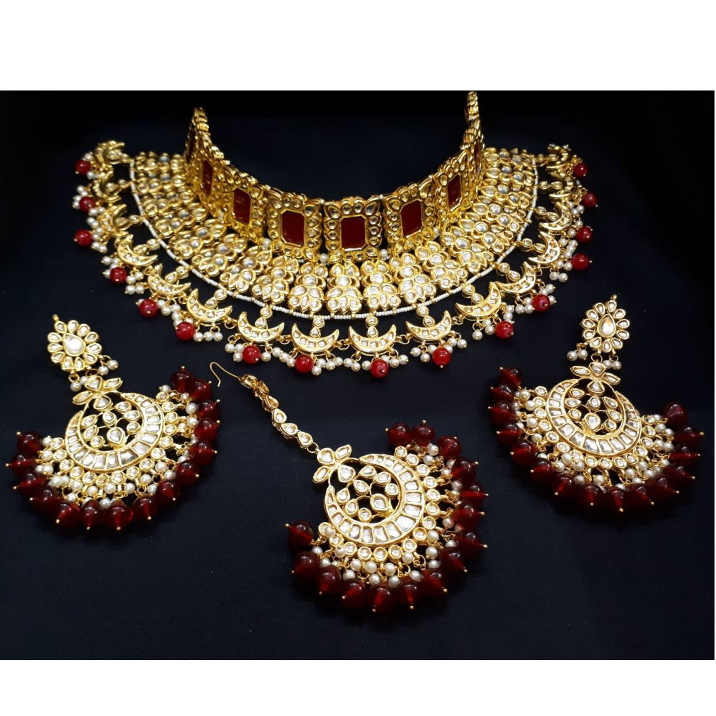 Kundan Necklace Set With Earring Tikka Maroon Pearls