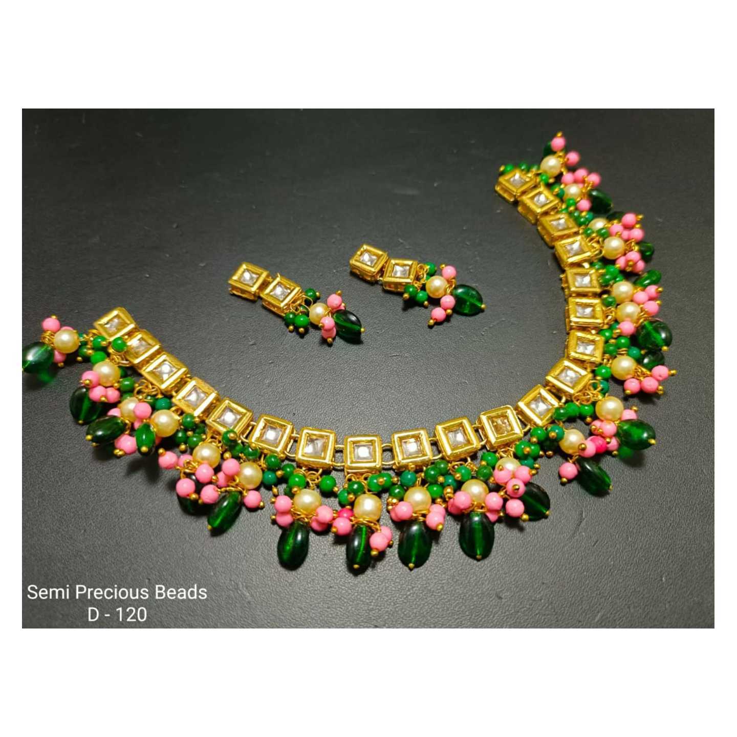 See Green Pink Beads Gold Tone Kundan Necklace Set With Earring Green Onyx Stone