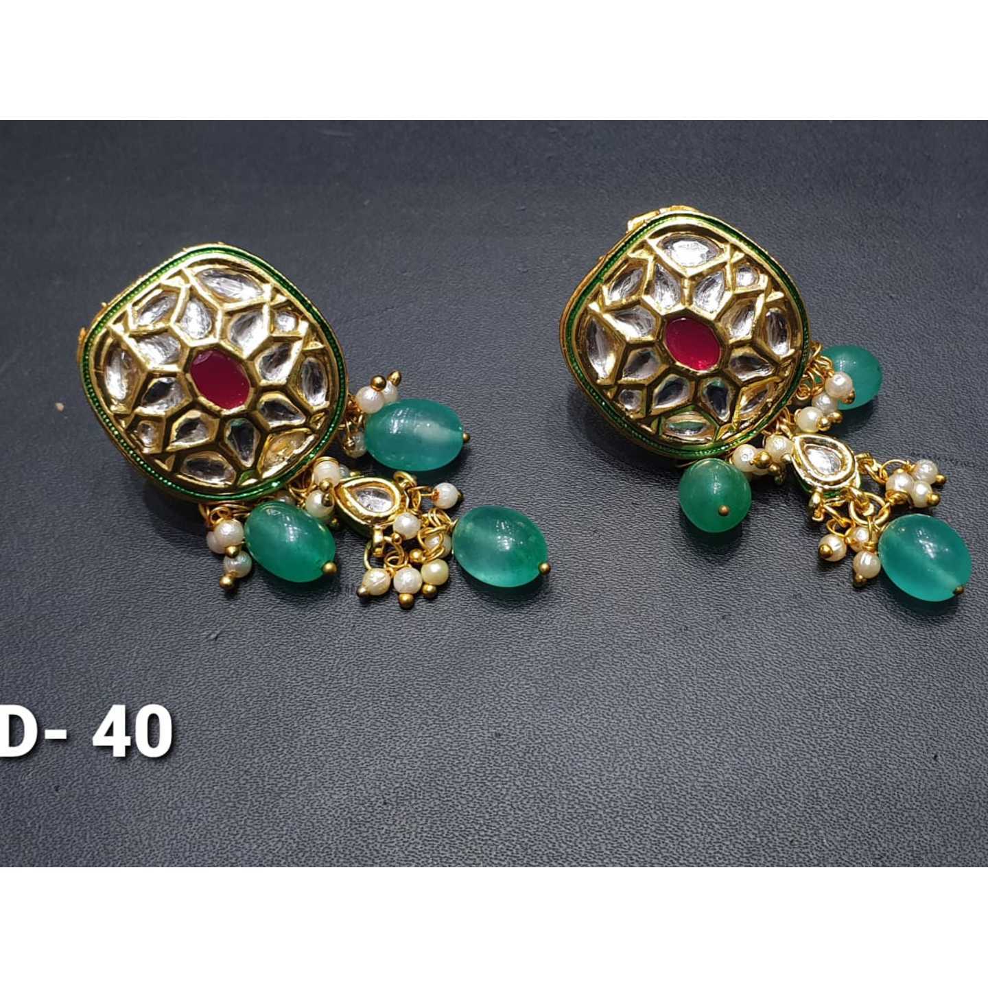 Kundan Earring Dark Green Onyx Stone