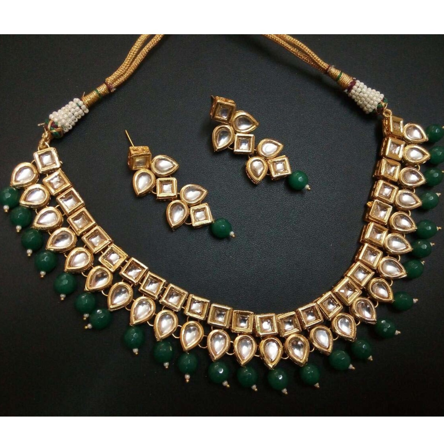 Gold Tone Kundan Necklace Set With Earring Green Onyx Pearls