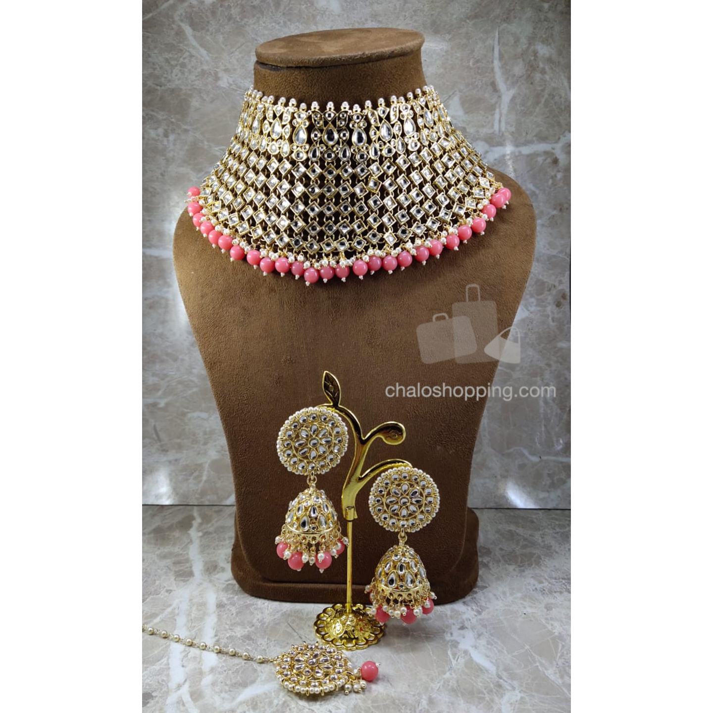 Kundan Inspired Choker Set with Earrings and Tika (Color : Pink)