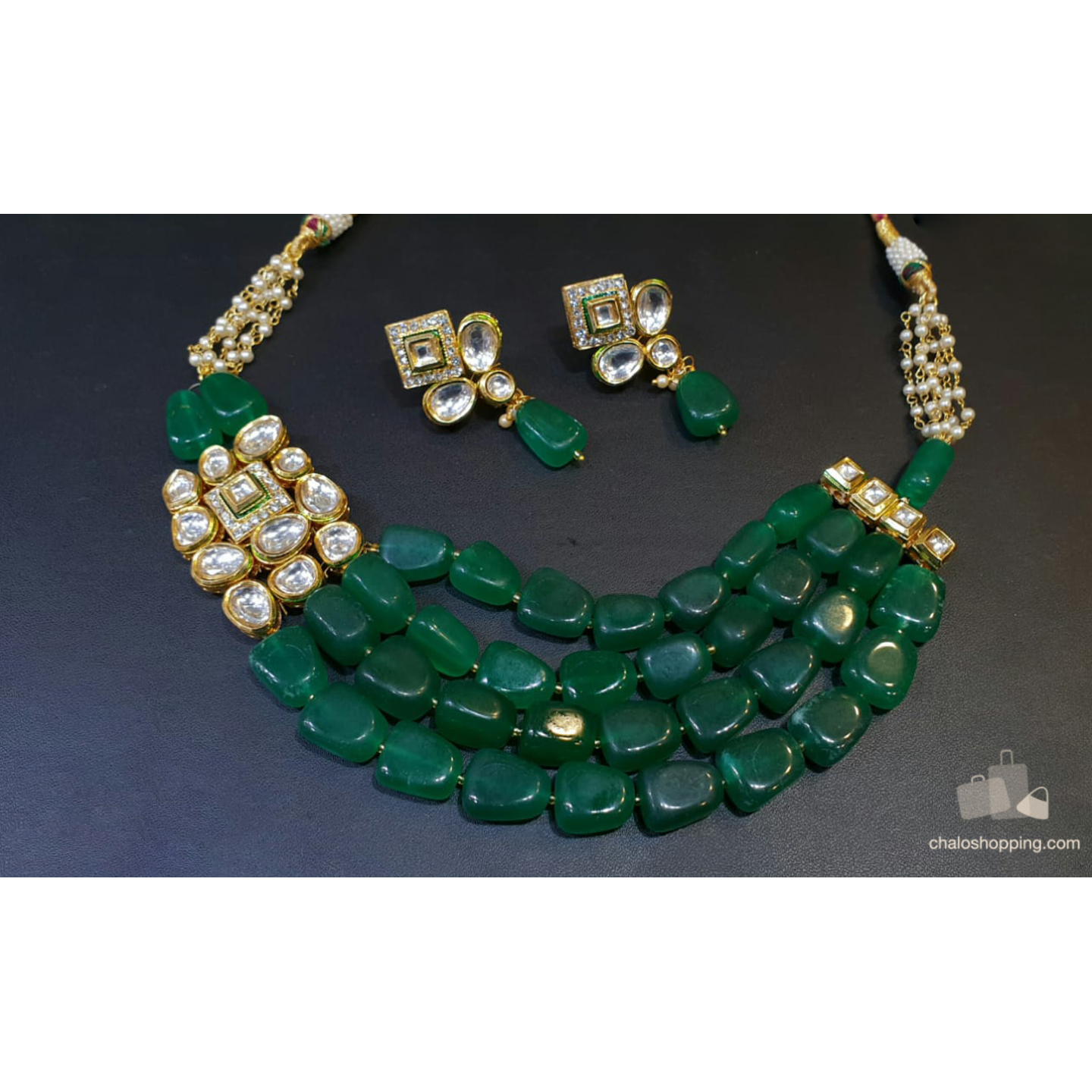 High Quality Designer Kundan Inspired Green Agate Necklace Set