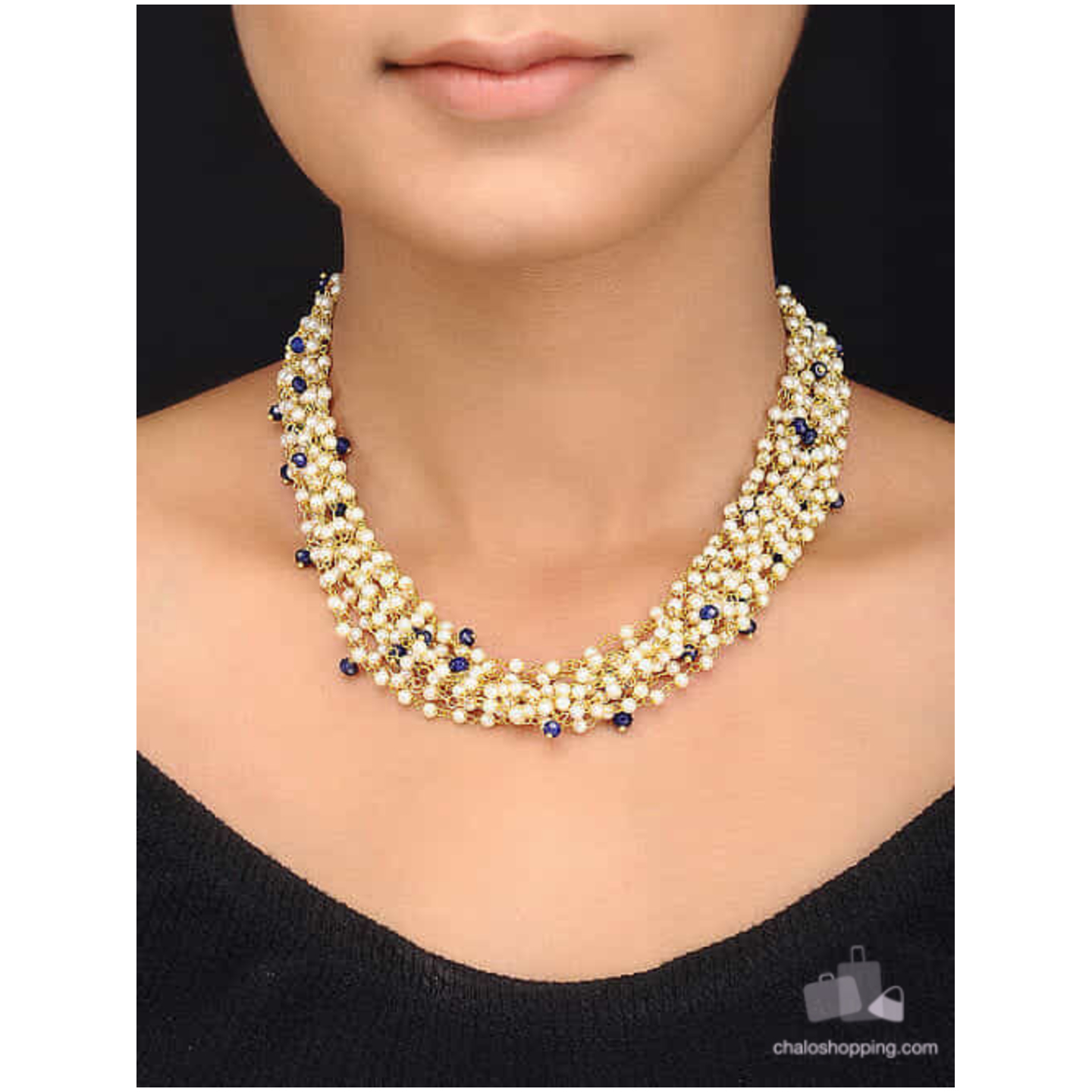 Blue onyx and Faux Pearl Multilayer Necklace
