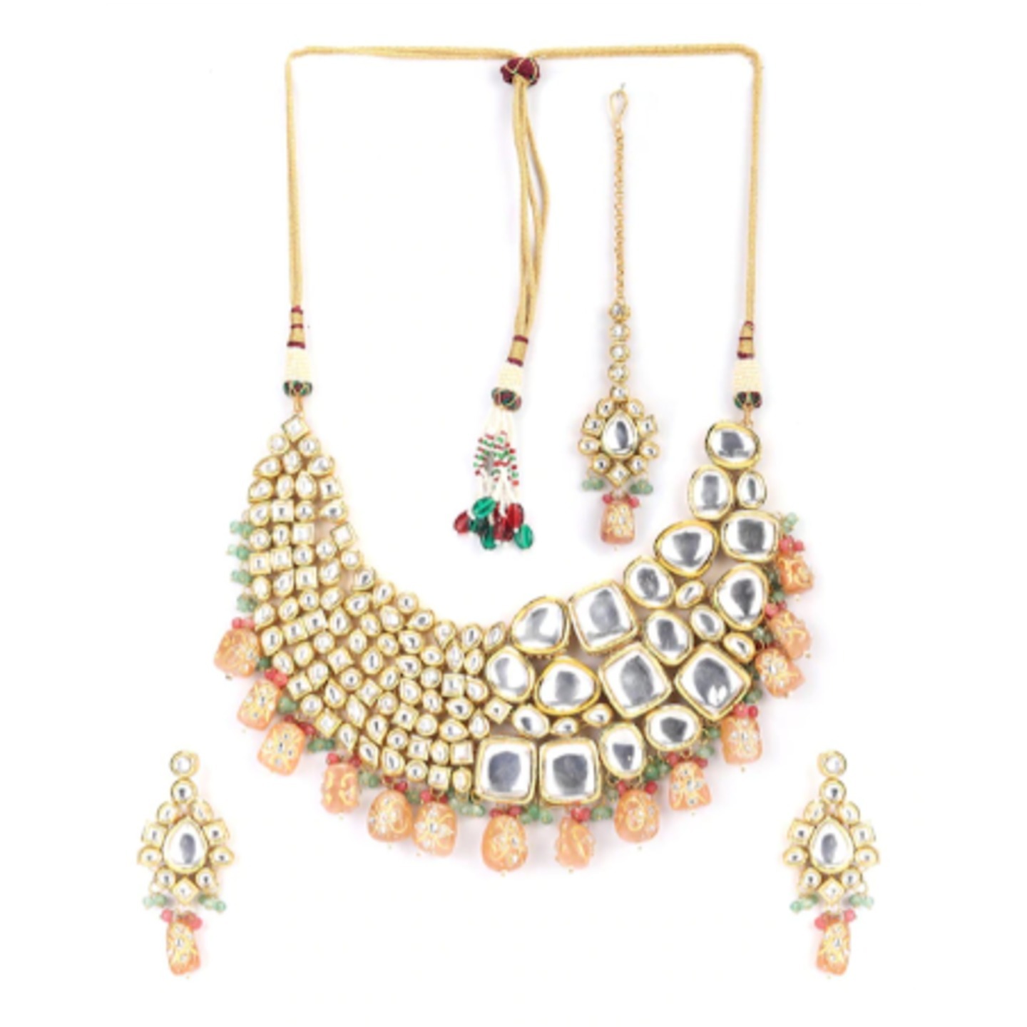 Gold-Plated White & Peach Kundan-Studded & Pearl Beaded Necklace Set 