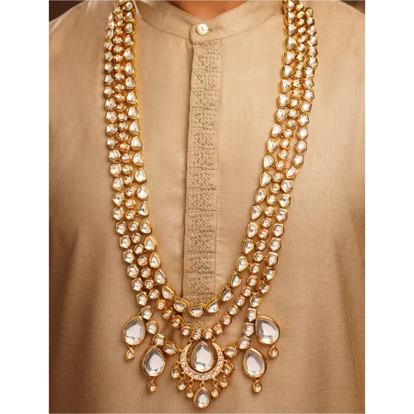 Gold Tone Kundan Layered Necklace For Men
