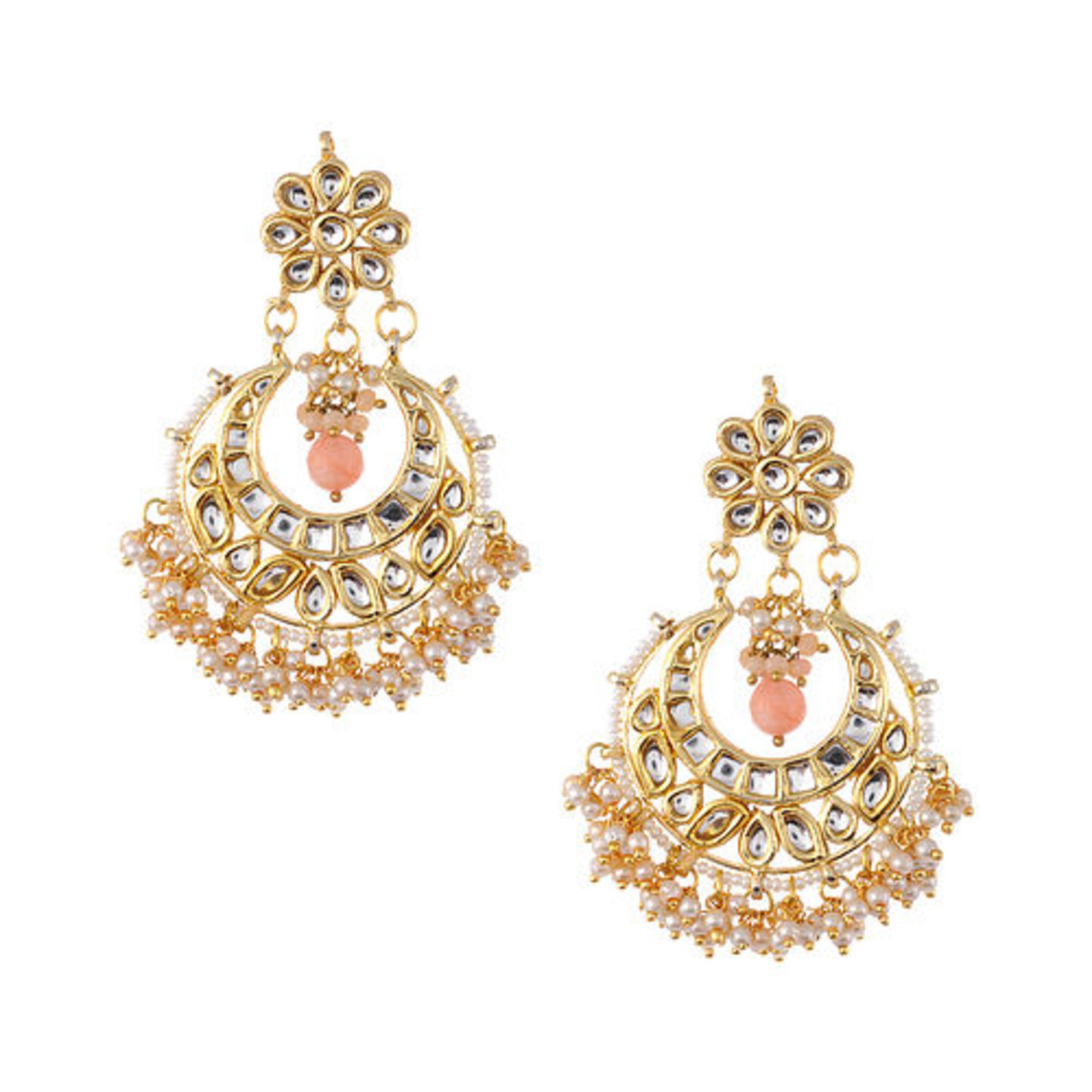 Peach Gold Tone Kundan Earrings with Pearls