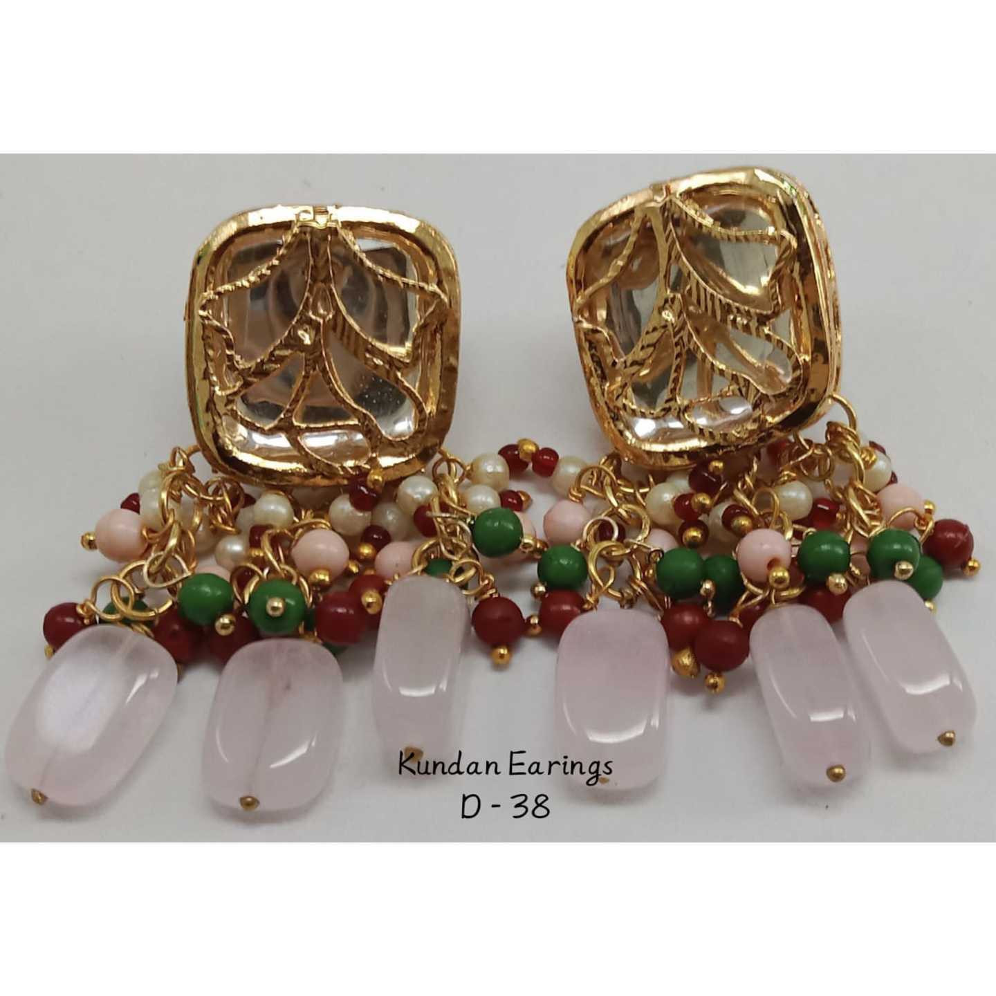 Gold Tone Kundan Earring Light Pink Onyx Stone