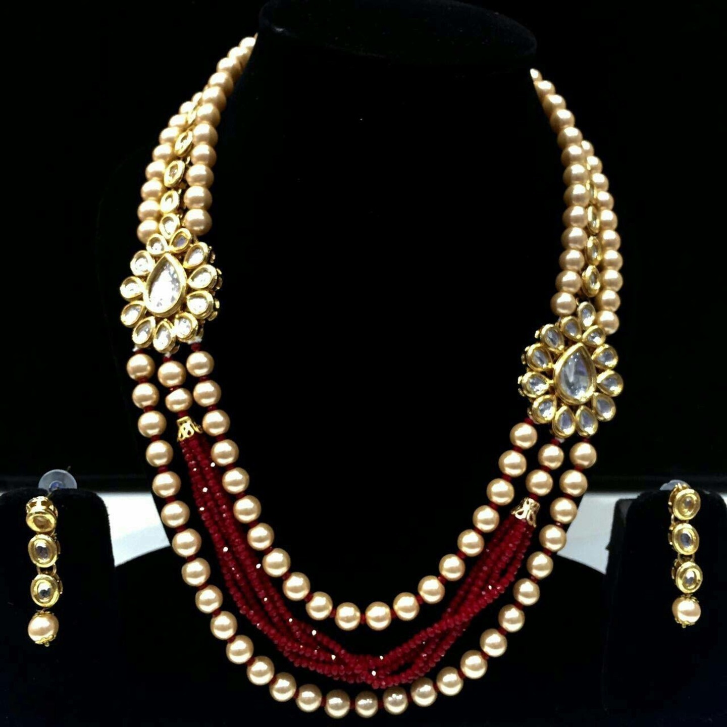 Ruby Maroon Gold Tone Kundan Necklace Set With Earring Onyx pearls