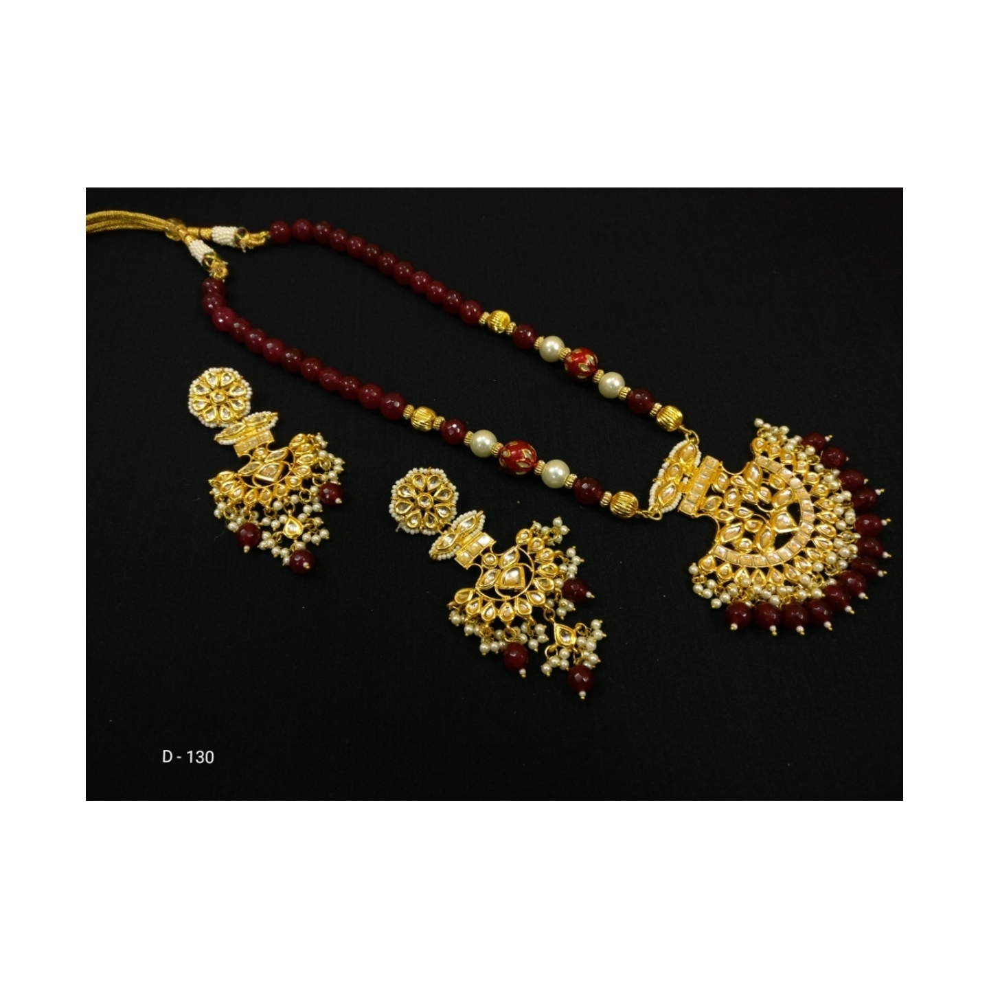 Kundan Long Necklace Set With Earring Maroon Onyx Pearl