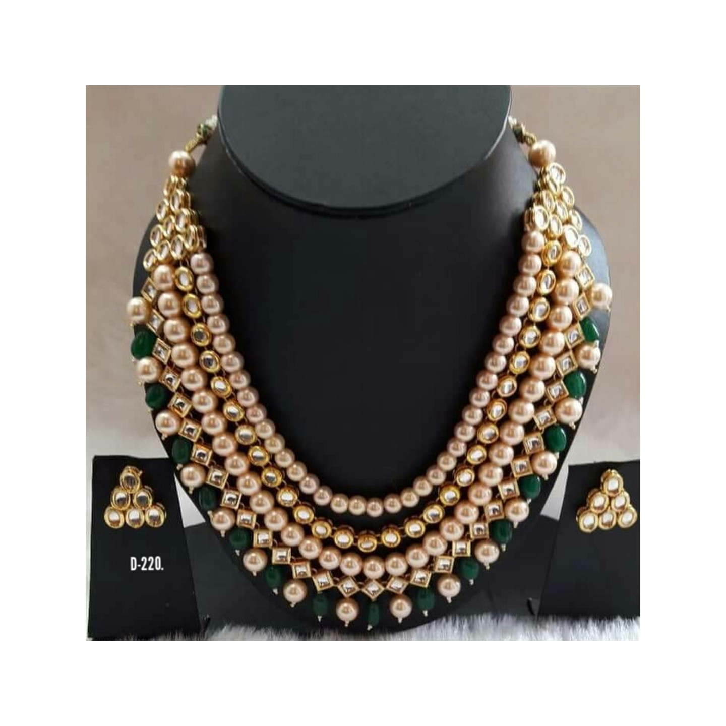 Multi Layer Kundan Necklace Set With Earring Green Onyx Pearl