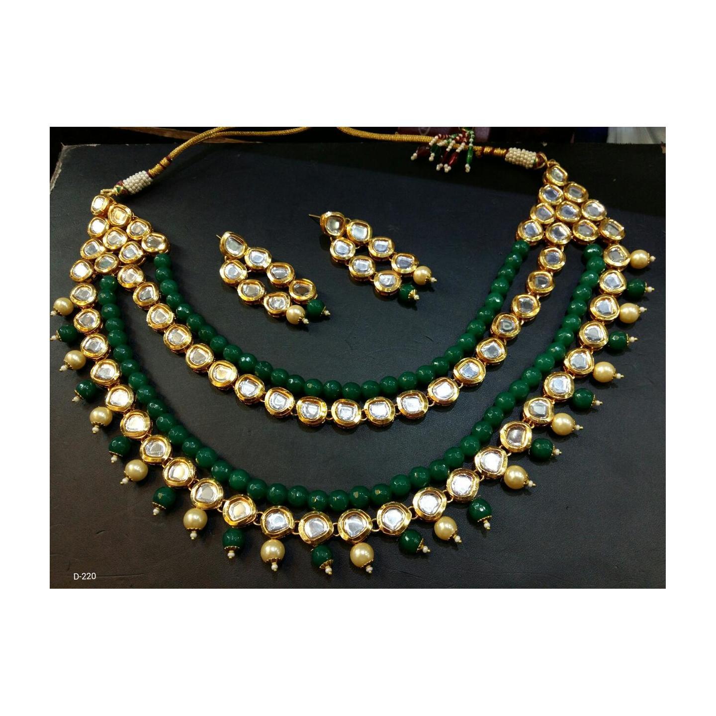Kundan Double Layer Necklace With Earring Green Onyx Pearl