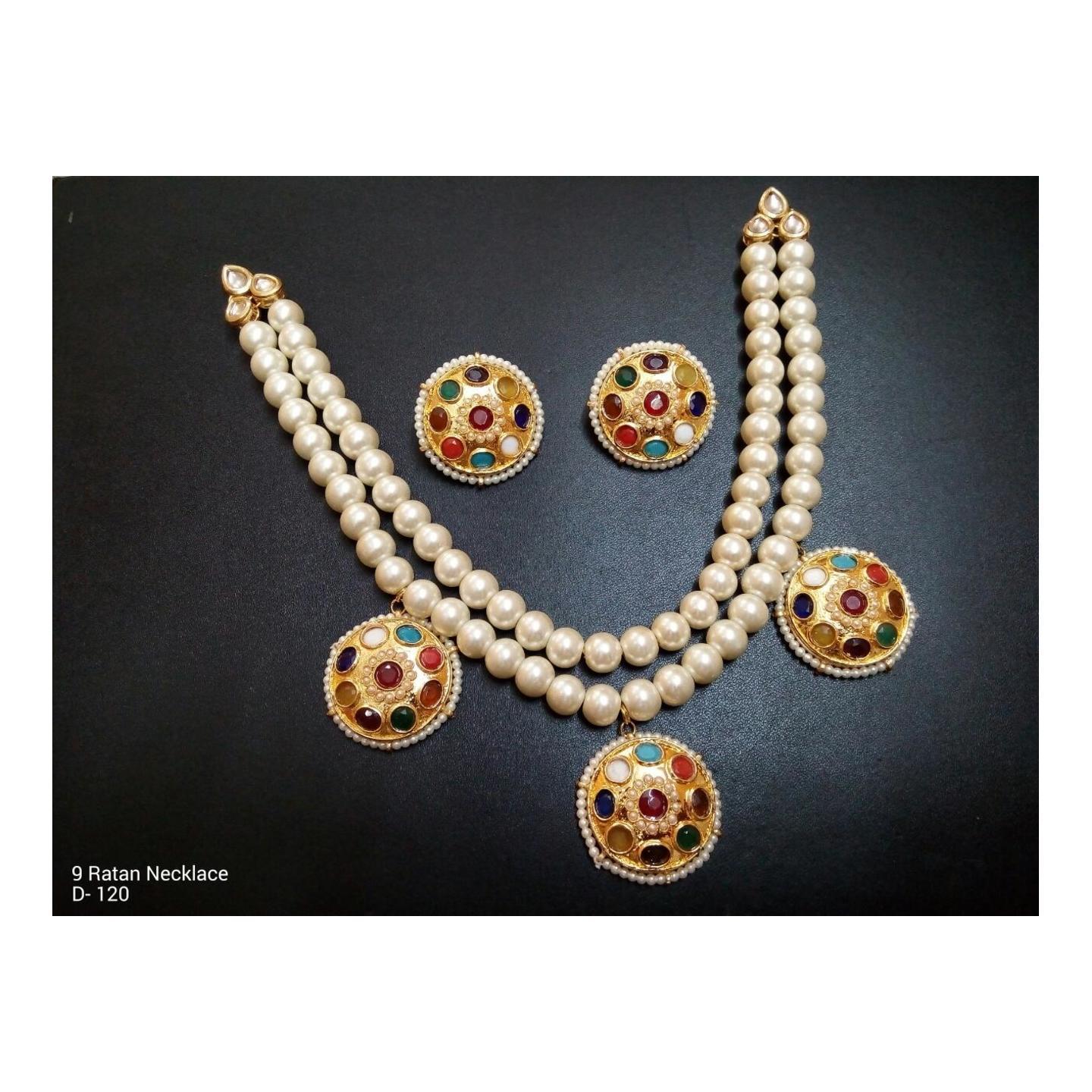 Kundan Pearl Nav Ratan Necklace Set With Earring