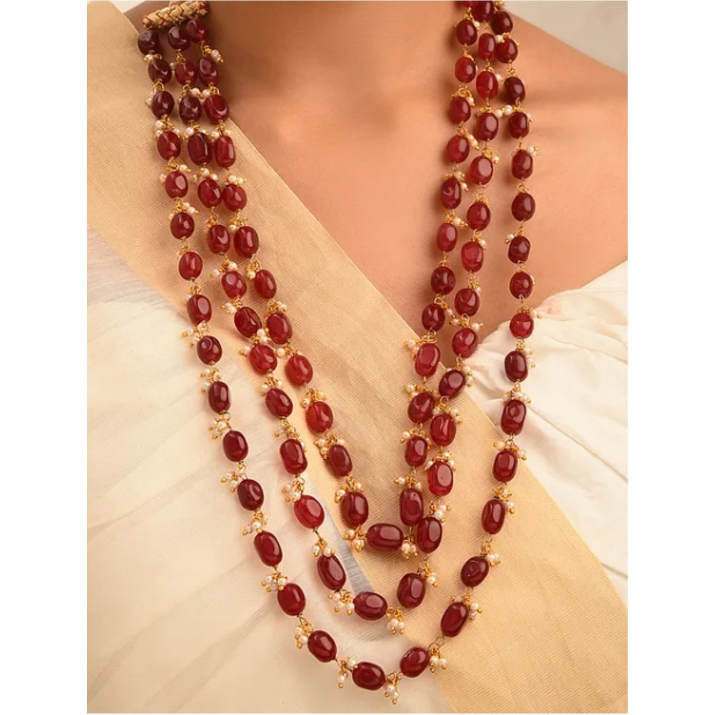 Red Beaded Layered Necklace with Pearls