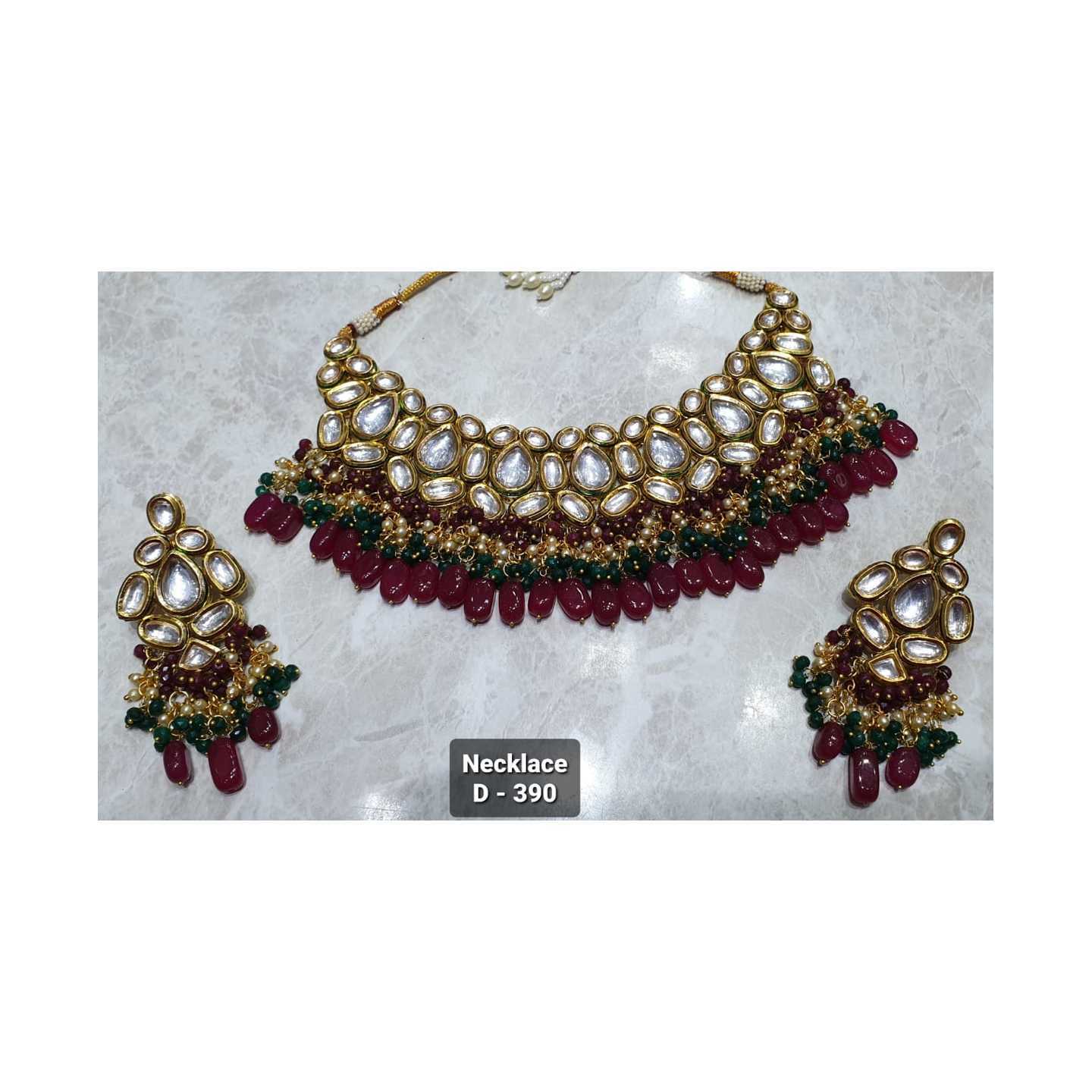 Kundan Necklace Set With Earring  Rani Color White Stones 