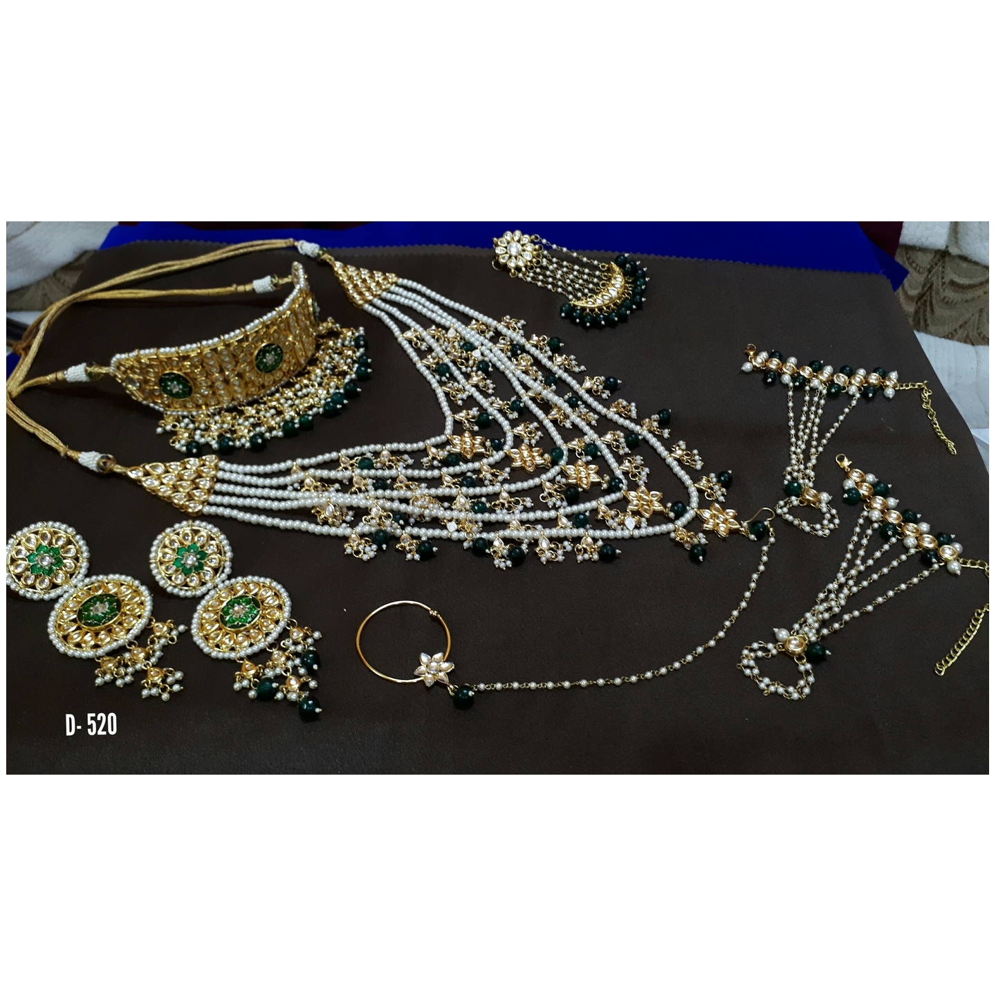 High Quality Kundan Polki Full Bridal Set with Green White Onyx Pearls