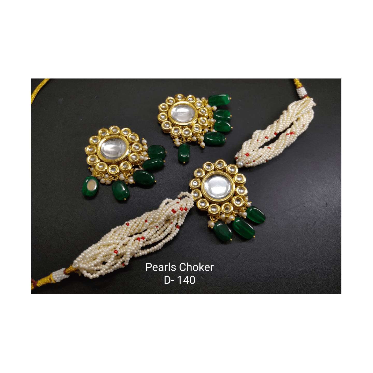 Kundan Choker Necklace With Earring Green Pearls