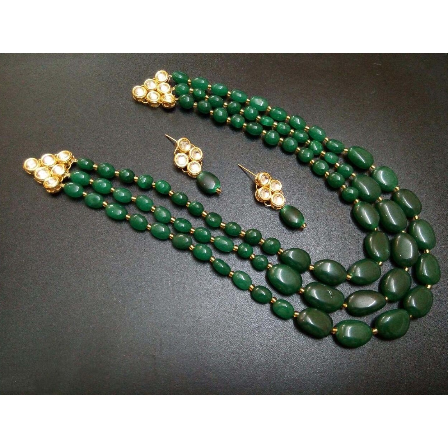 Kundan Layer Necklace Set With Earring Green Onyx Pearls