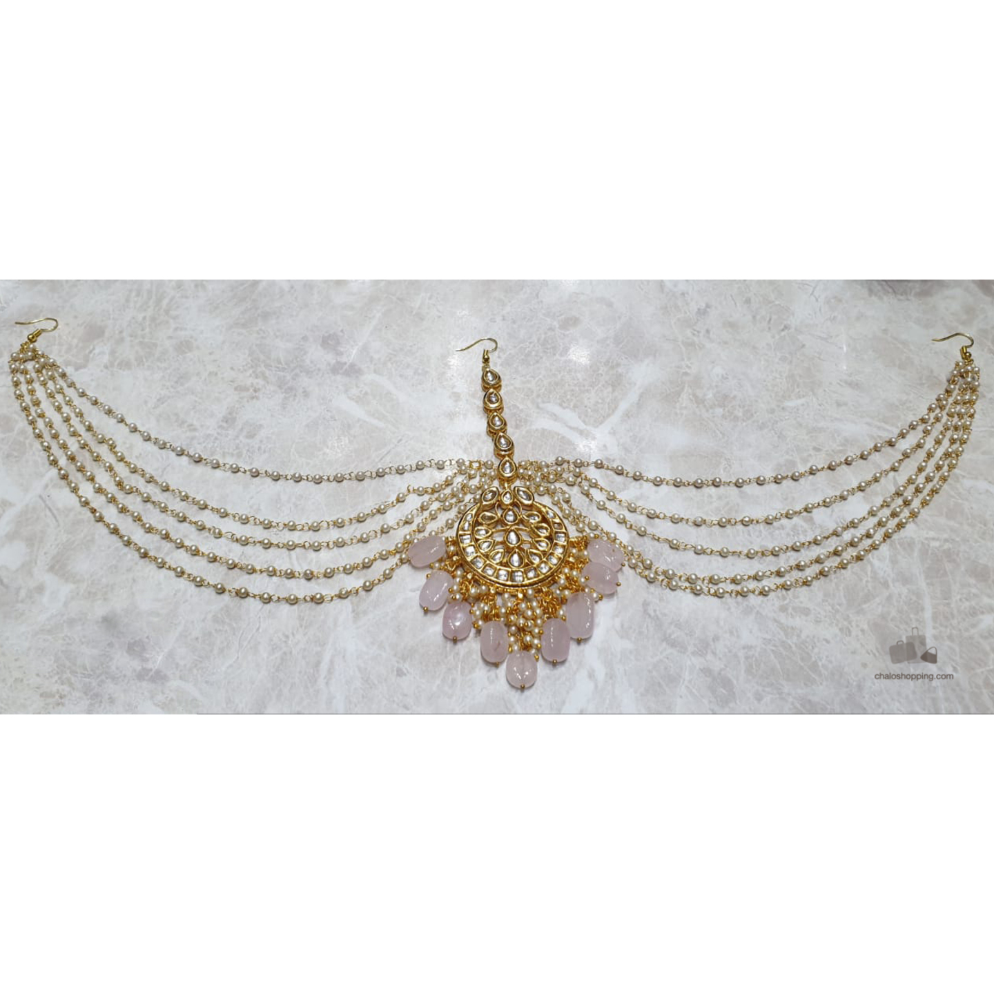 Kundan Inspired Onyx Stones Mathapatti (Color: Pink Quartz)
