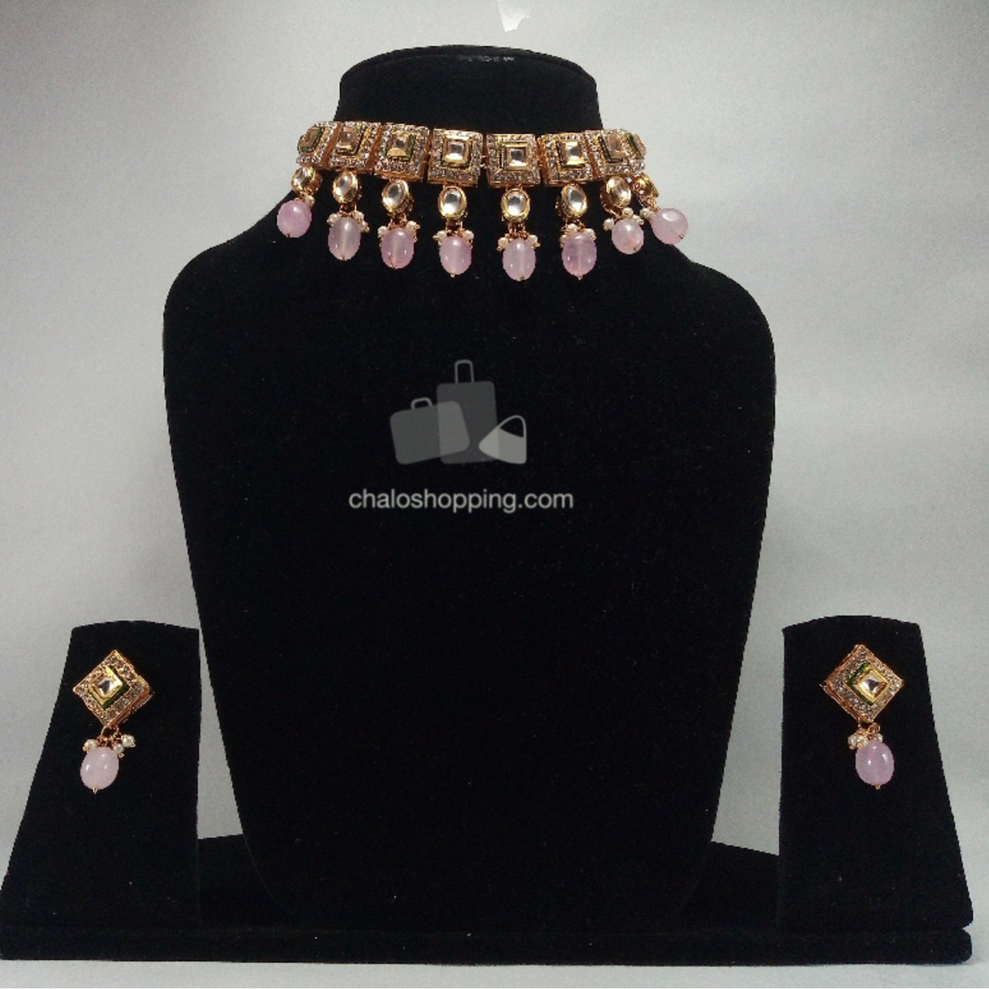 Kundan Inspired Choker Necklace Set Pink