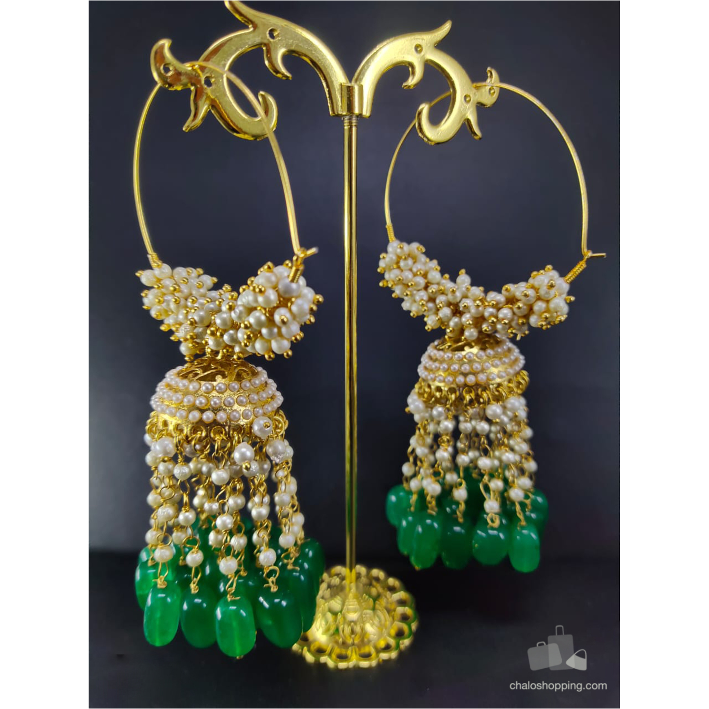 Kundan Inspired Green Onyx Tassel Jhumki