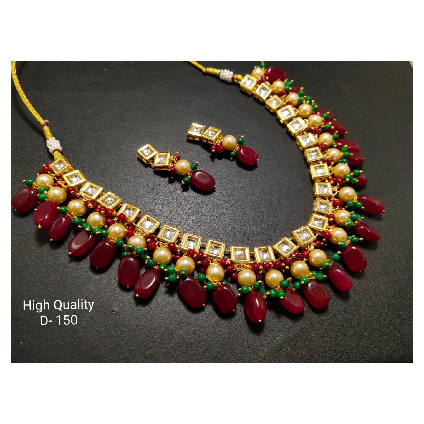 Maroon Gold Tone Kundan Necklace With Earring 