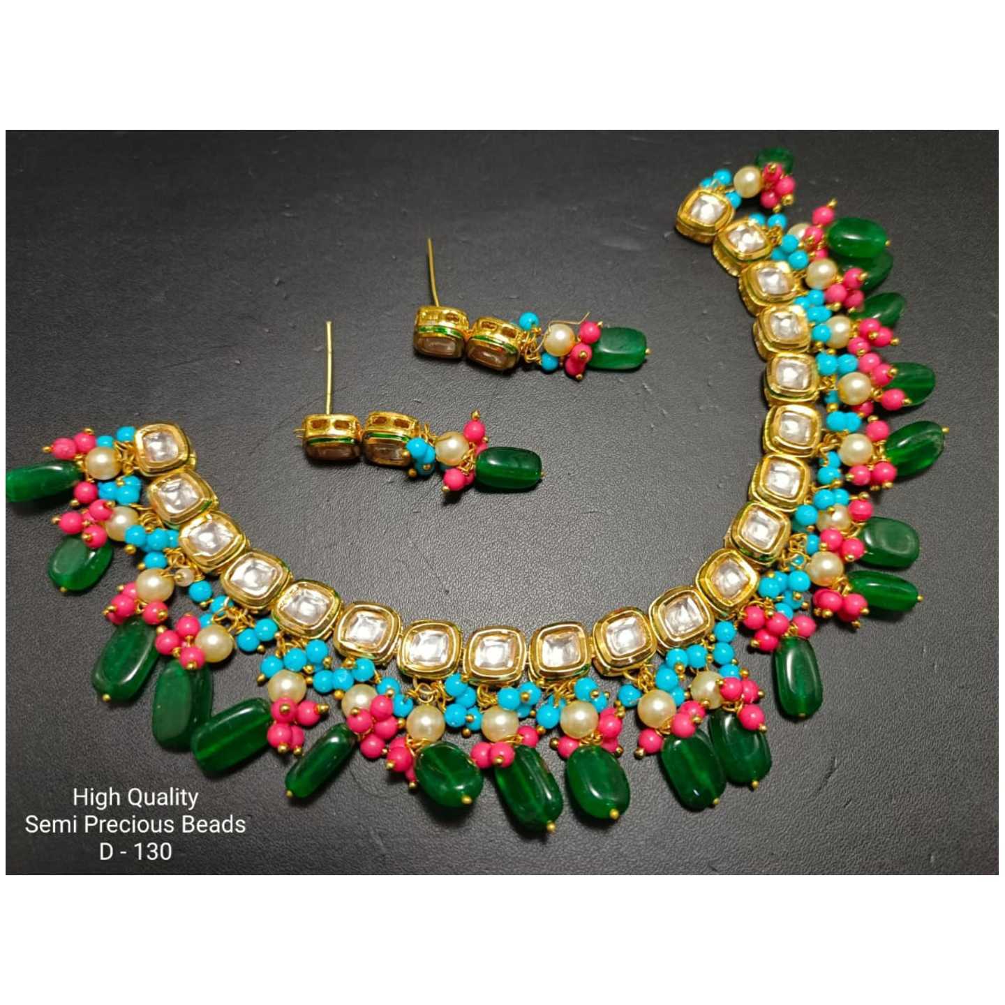 Sky Blue Beads Gold Tone Kundan Necklace Set With Earring Green Onyx Stone