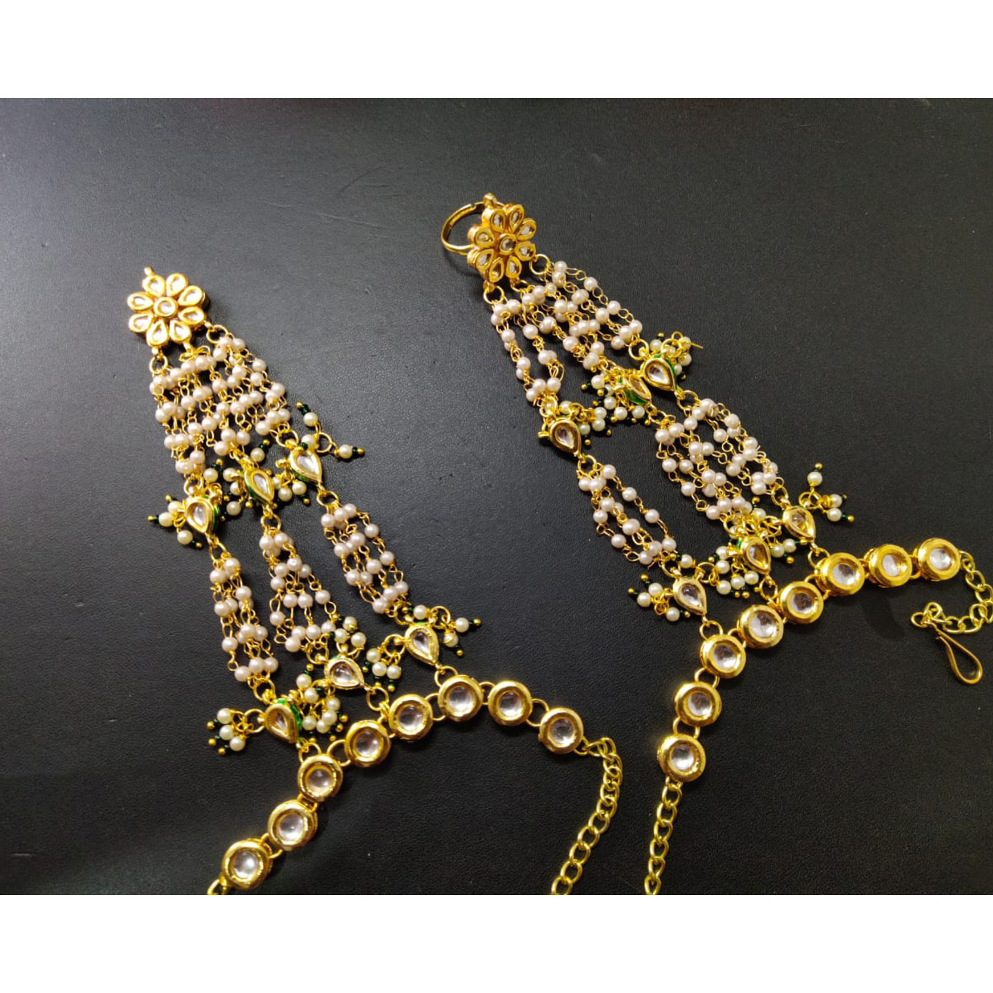 Gold Tone Kundan HathPhool  With White Onyx  Pearls