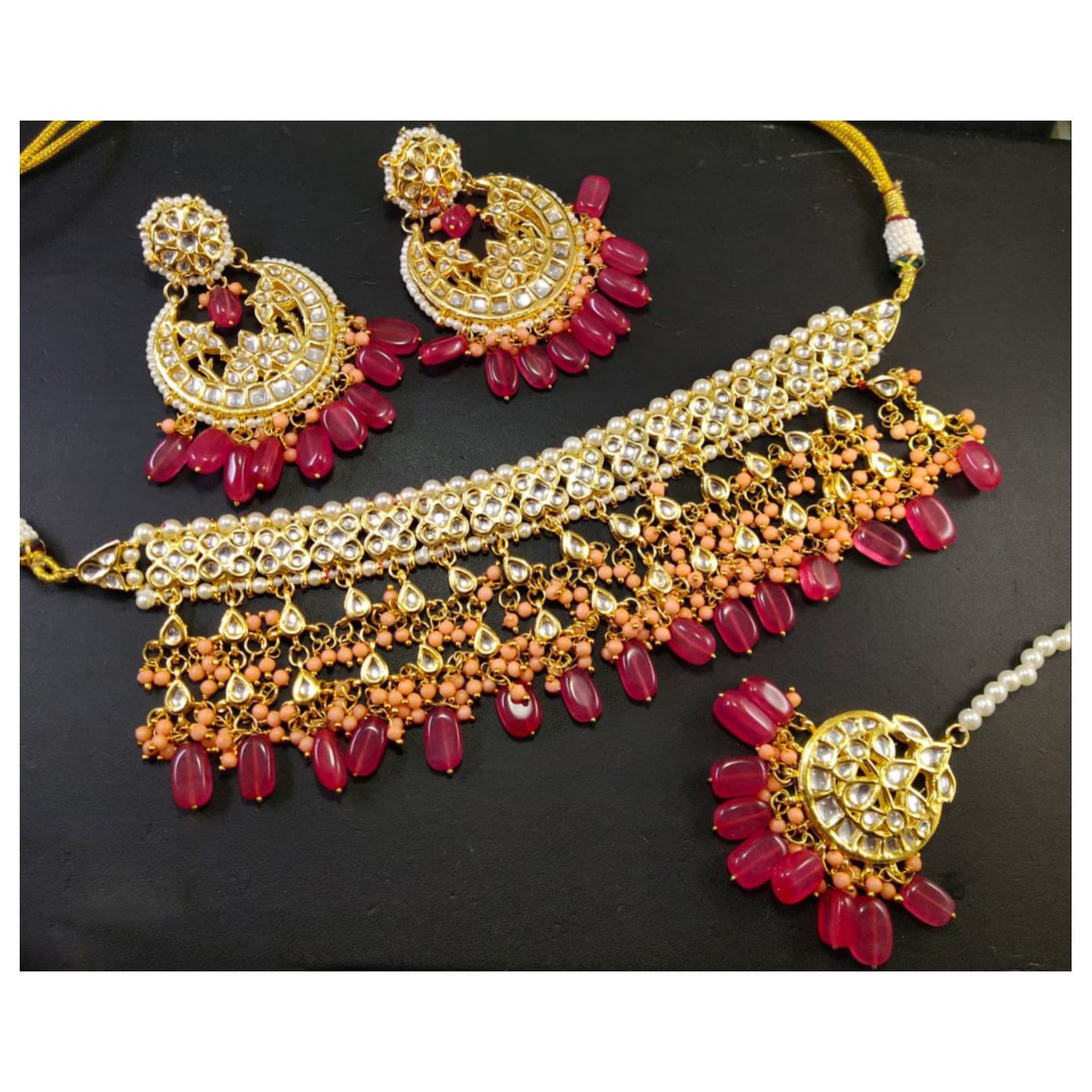 Ruby Maroon Gold Tone Kundan Necklace Earring Onyx Stone