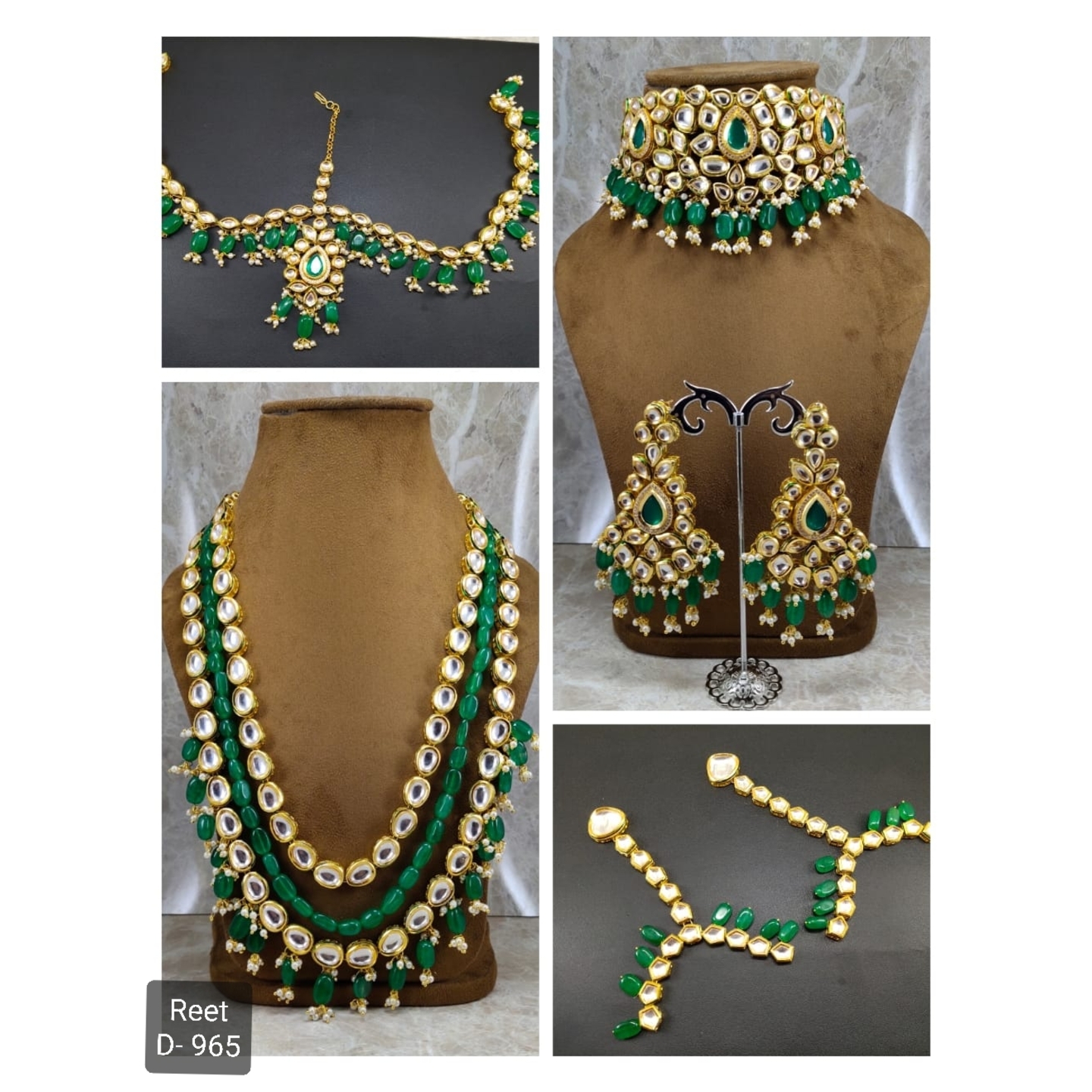 High Quality Kundan Polki Full Bridal Set with Green Onyx Stones