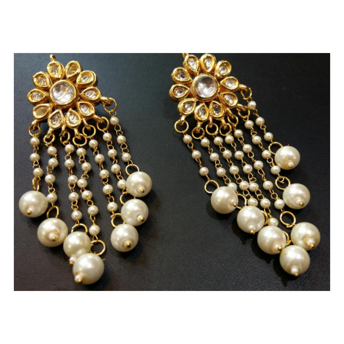 Gold Tone Kundan Earring With Onyx Pearls