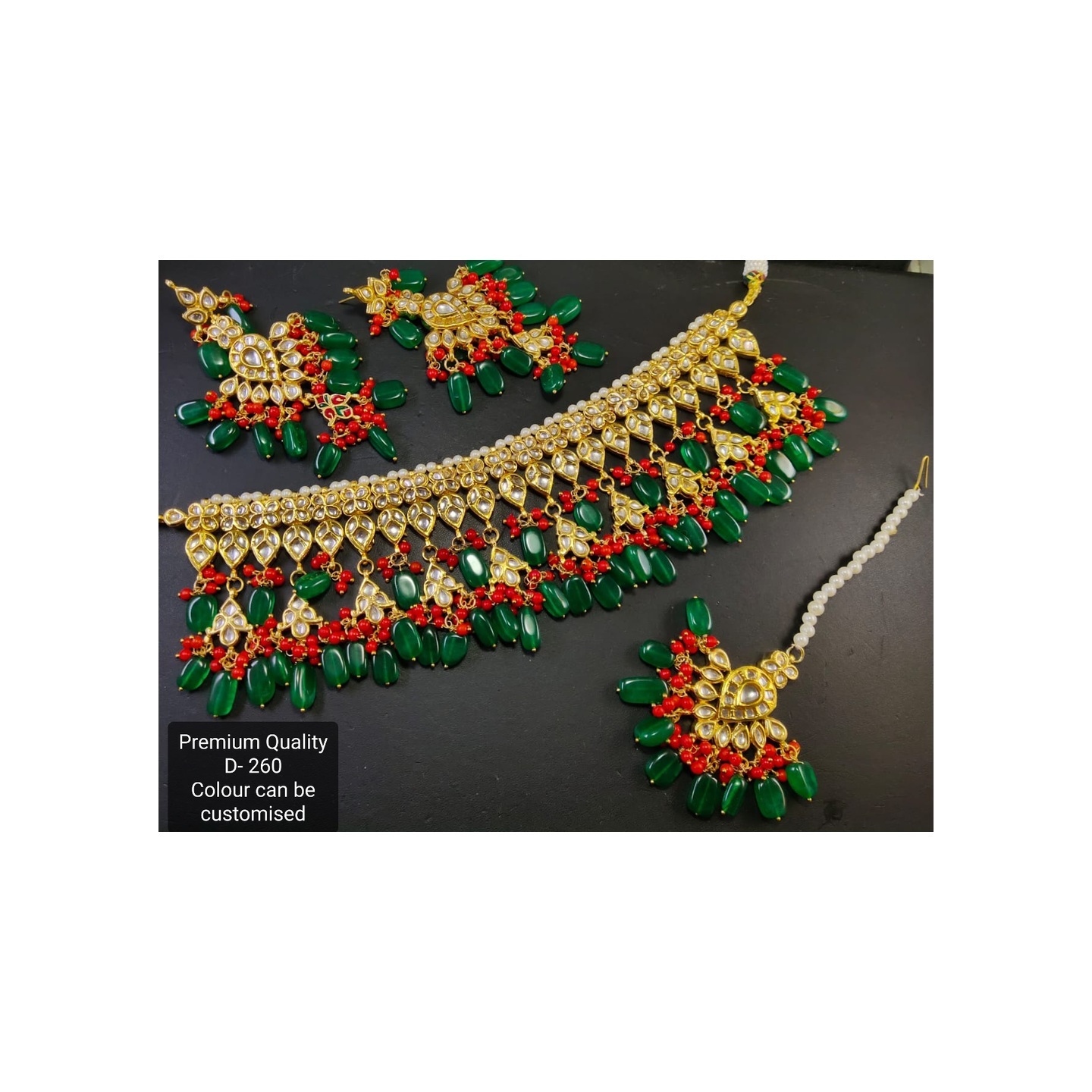 High Quality Kundan Necklace Set With Earring & Tikka Green Onyx  Stone