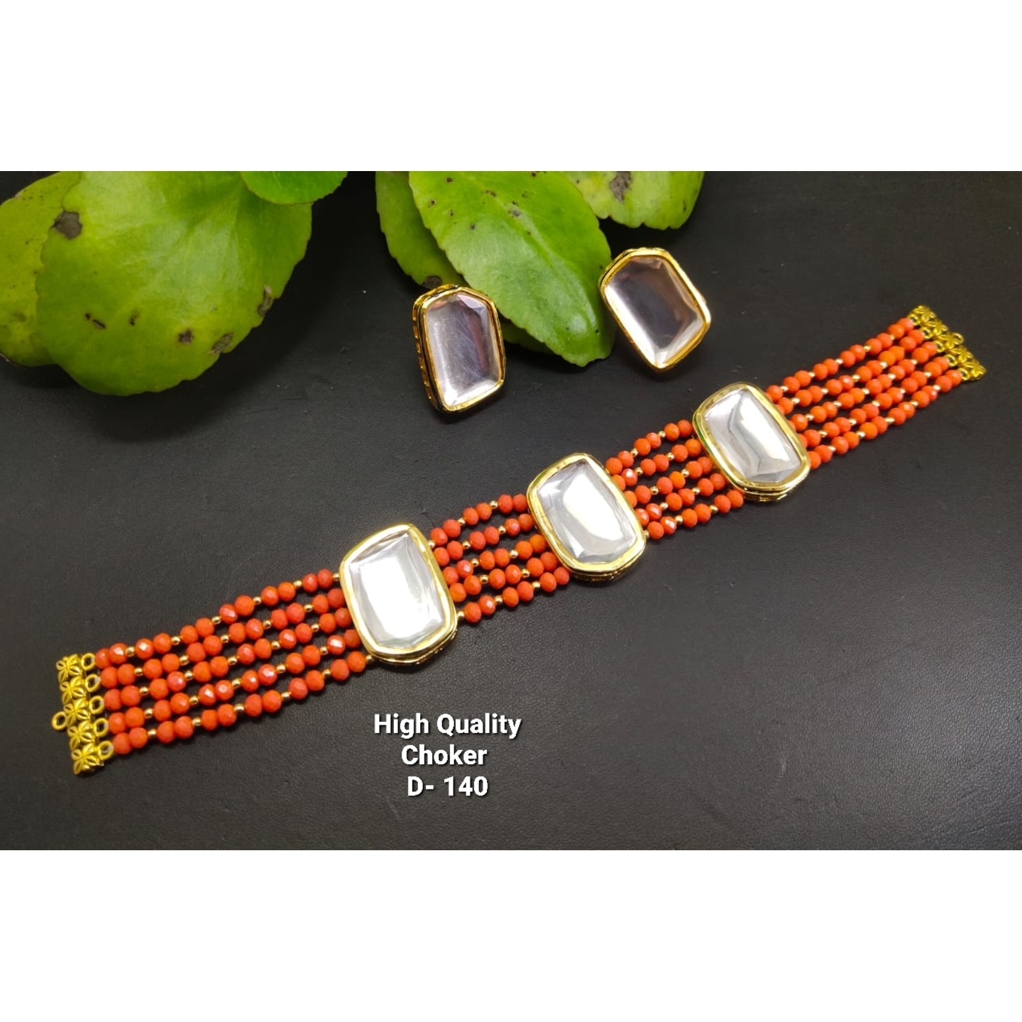 Kundan Choker With Orange Crystals Neckline
