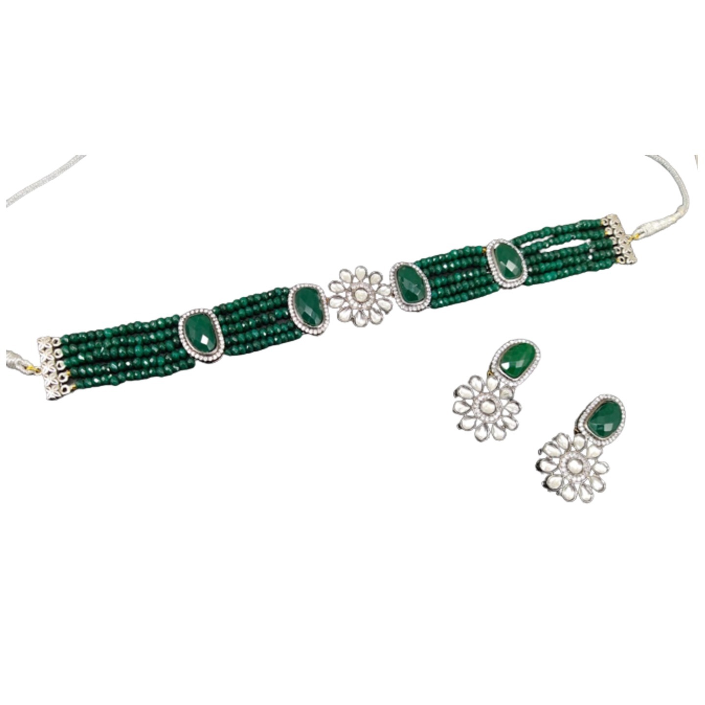 Green Kundan Necklace Set With Earring Onyx Pearls