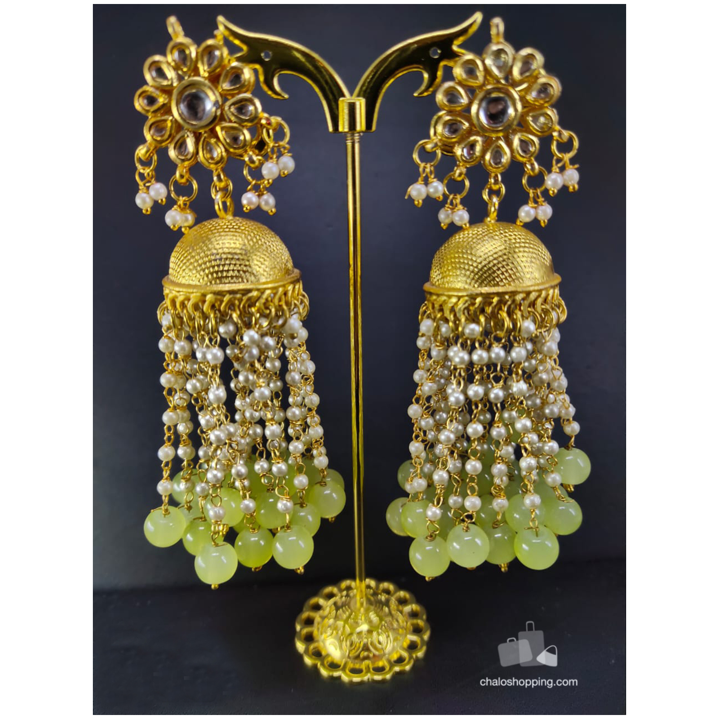 Kundan Inspired Onxy Stone Tassel Jhumki Color Lemon Green