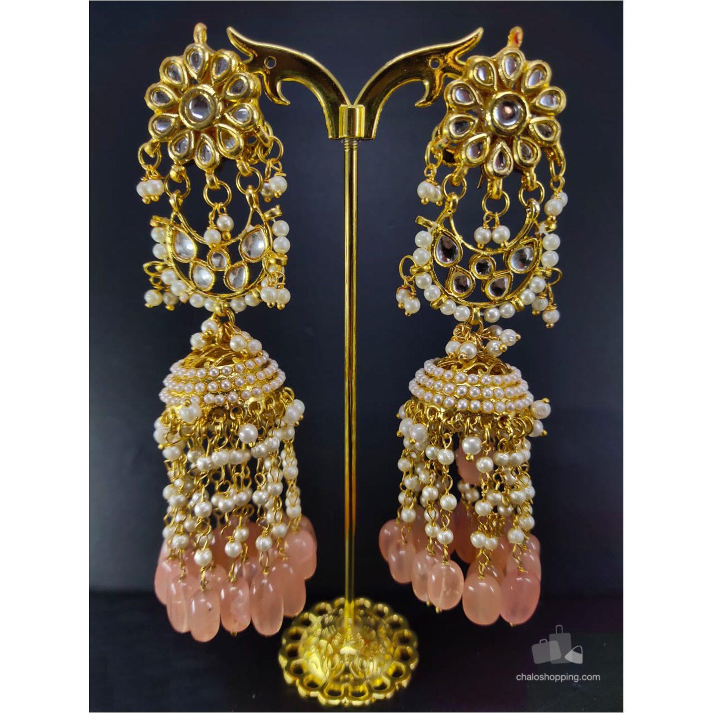 Kundan InspiredOnyx Stone Tassel Jhumki (Peach Color)