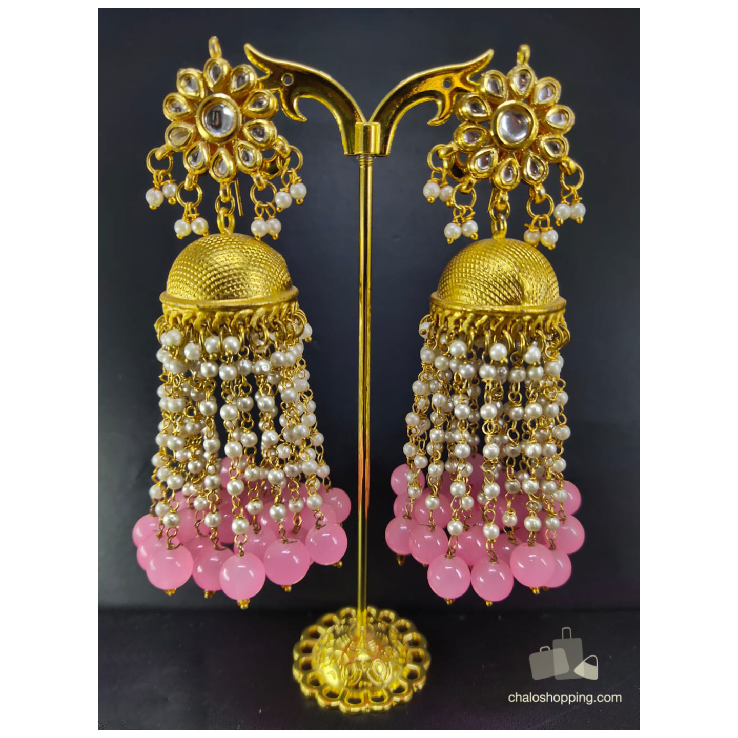 Kundan Inspired Pink Onyx Tassel Jhumki