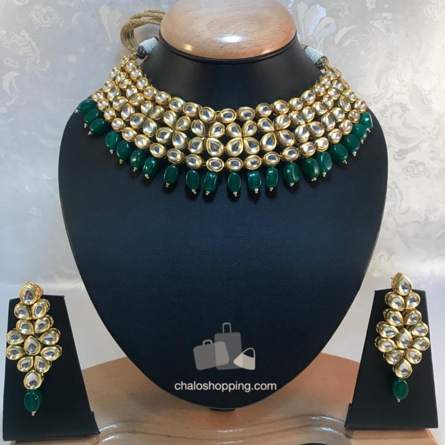 Kundan Inspired High Quality Green Onyx Semi Bridal Necklace Set