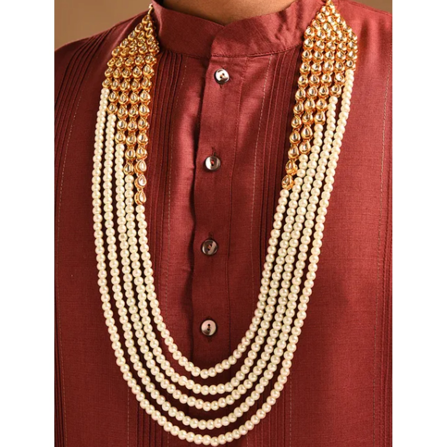 White Pearls Beaded Kundan Layered Necklace For Men
