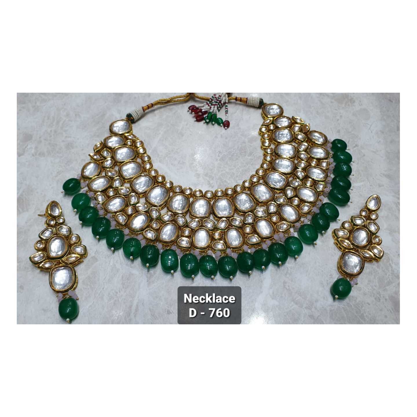 Kundan Necklace Set With Earring  Green Color White Stones