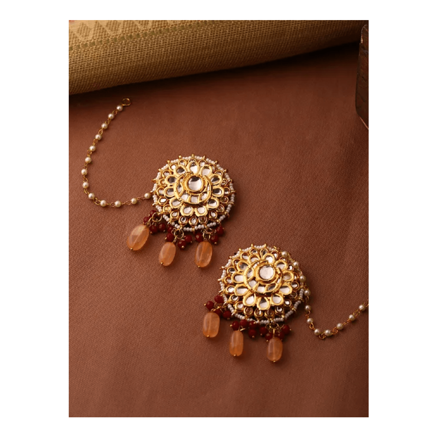 Peach Gold Tone Kundan Earring With Chains