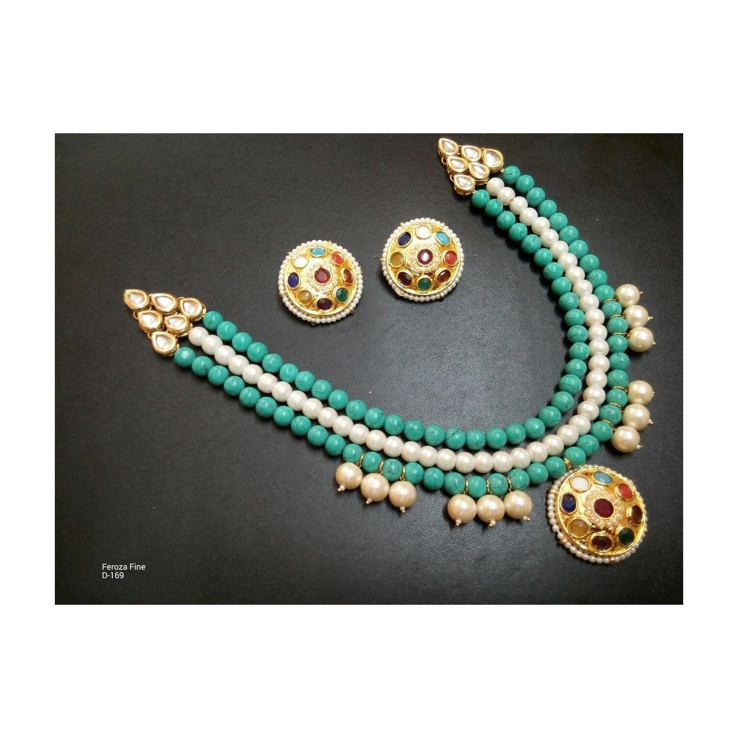 Multi Layer Peral Feroza  Kundan Necklace Set With Earing