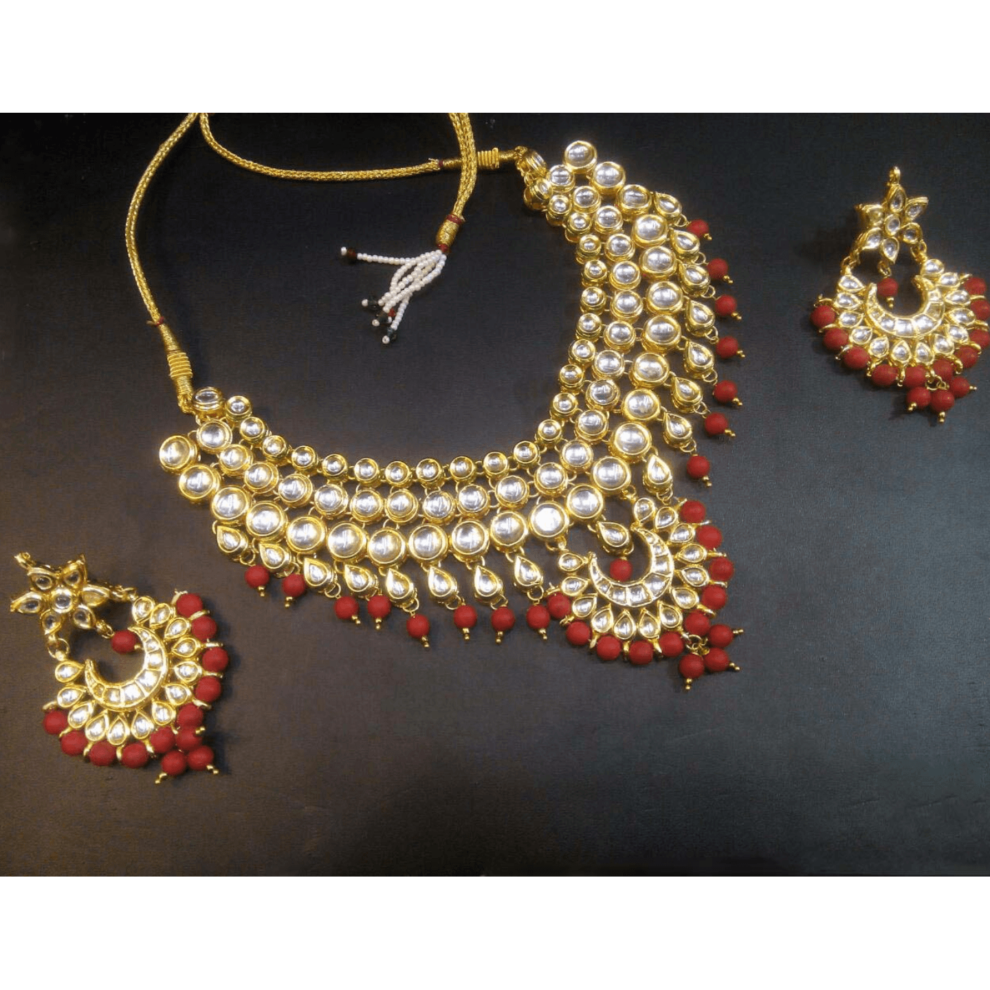 Gold Tone Kundan Necklace Set With Earring Ruby Red Pearls