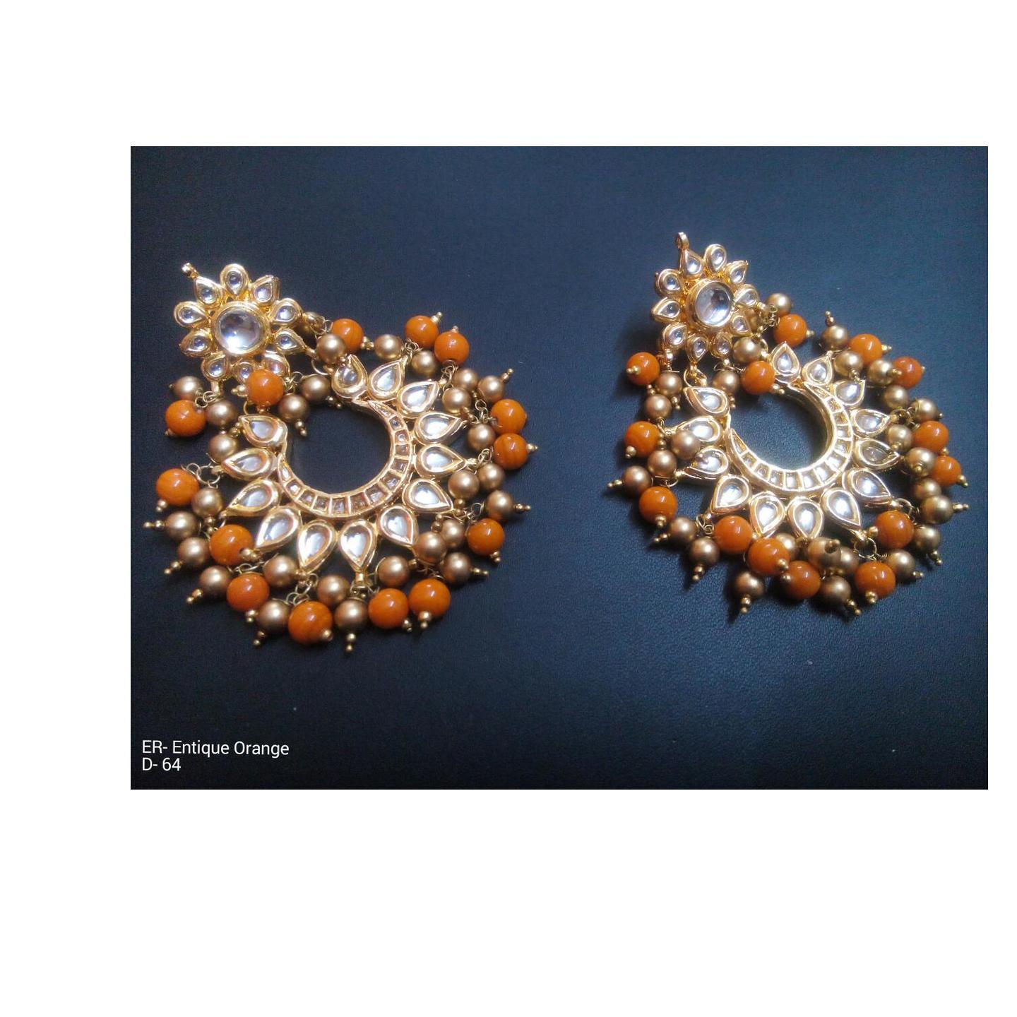 Kundan Earring Orange Onyx Pearl 064