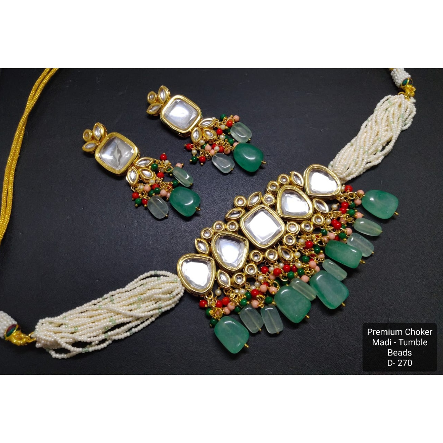 Olive Green Agate High Quality Kundan Poth Necklace Set