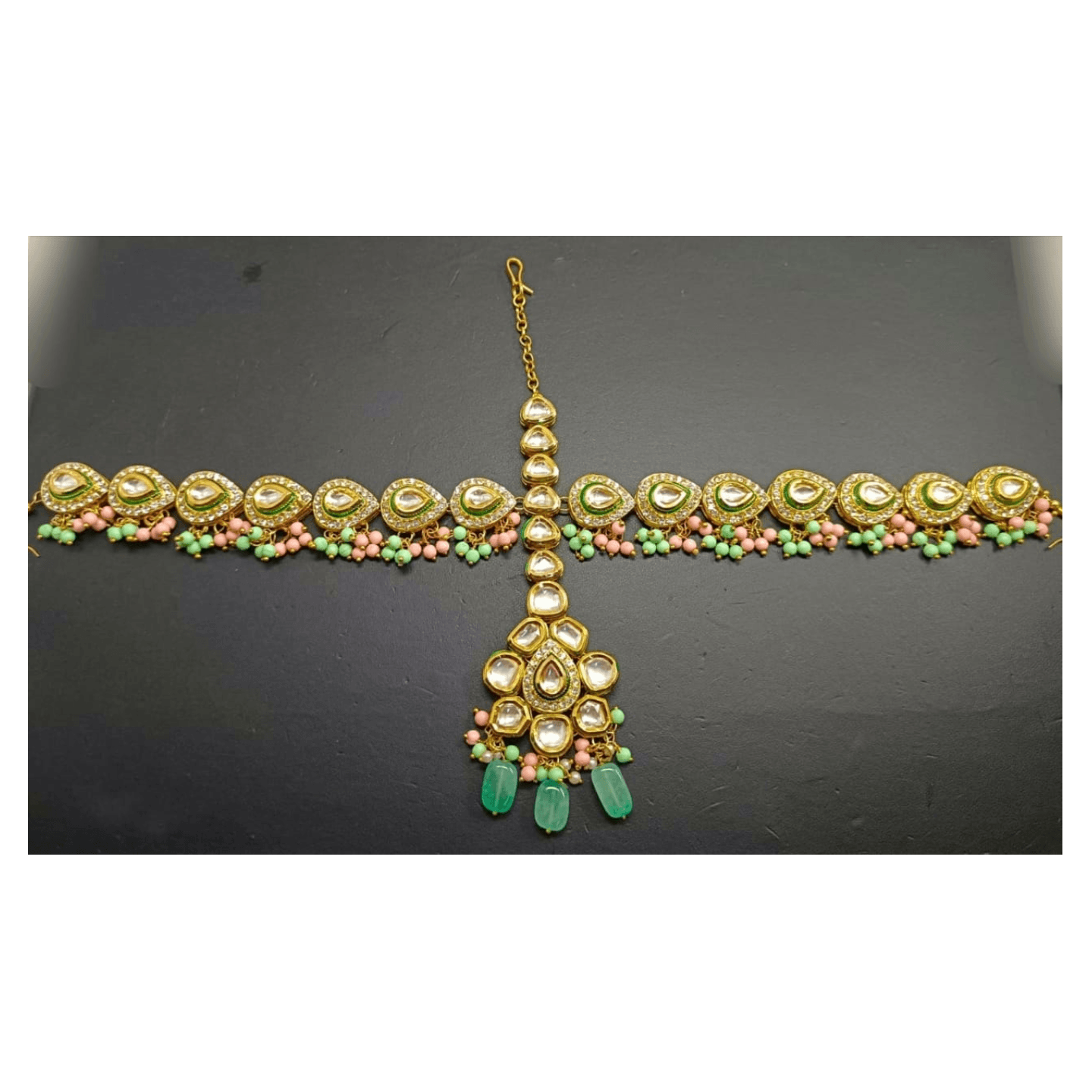 High Quality Sky Blue Gold Tone Kundan MathPatti Stone With Pearls