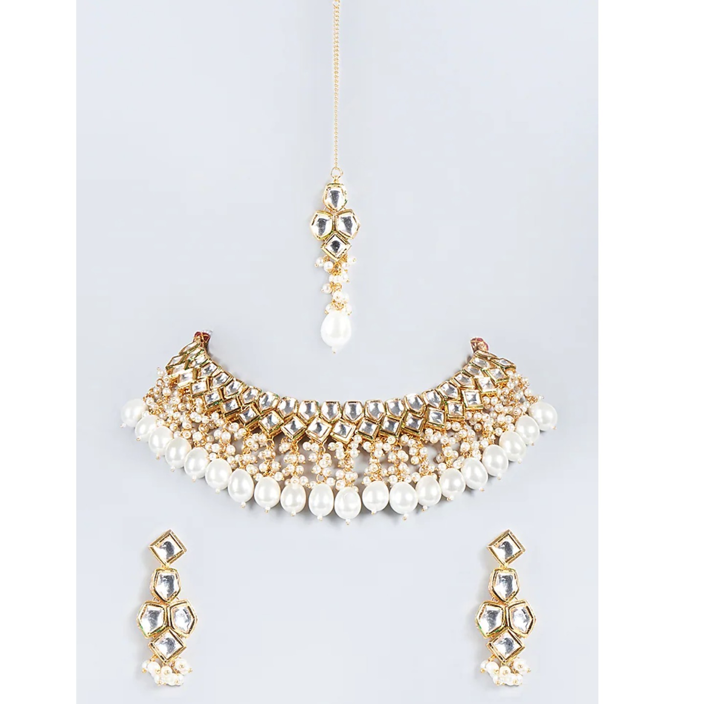 Gold Plated Pearl Kundan Polki Necklace Set With Earring Tikka