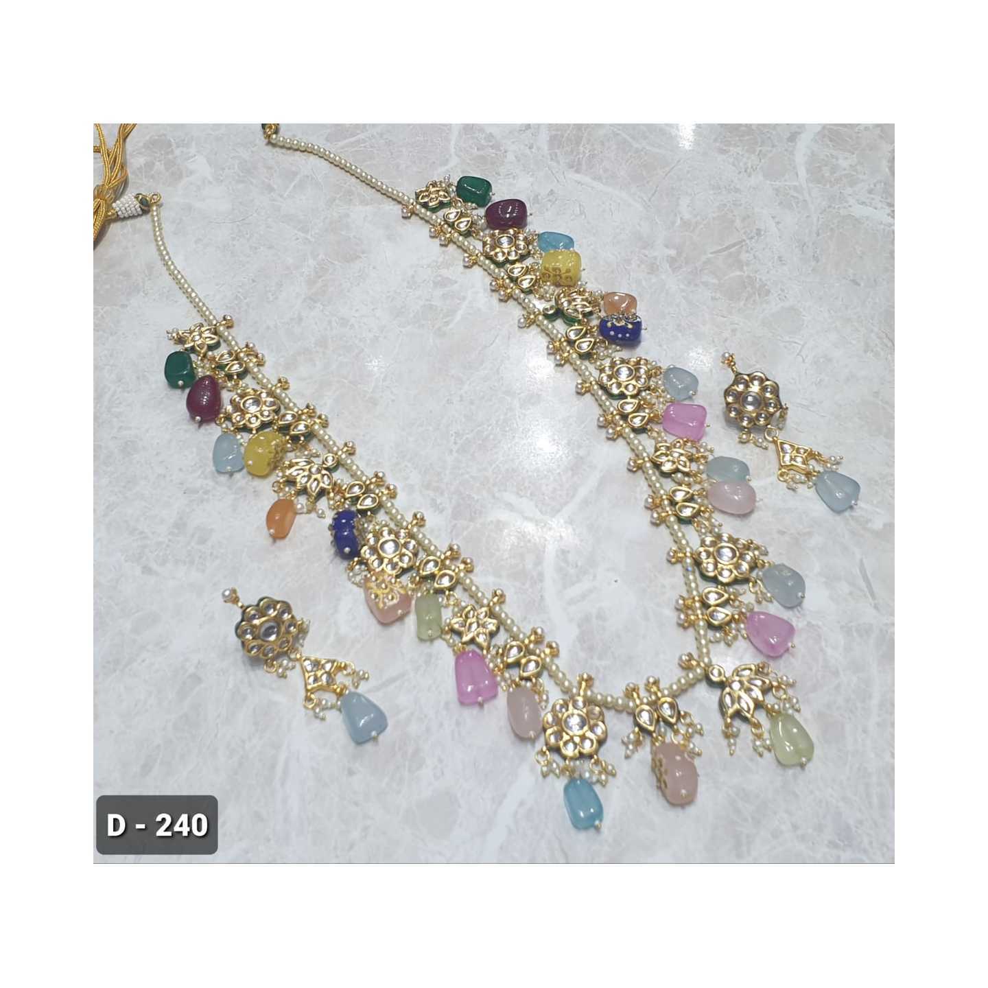 Kundan Necklace Long Set in Onyx Stone with Earrings (Multi Color)